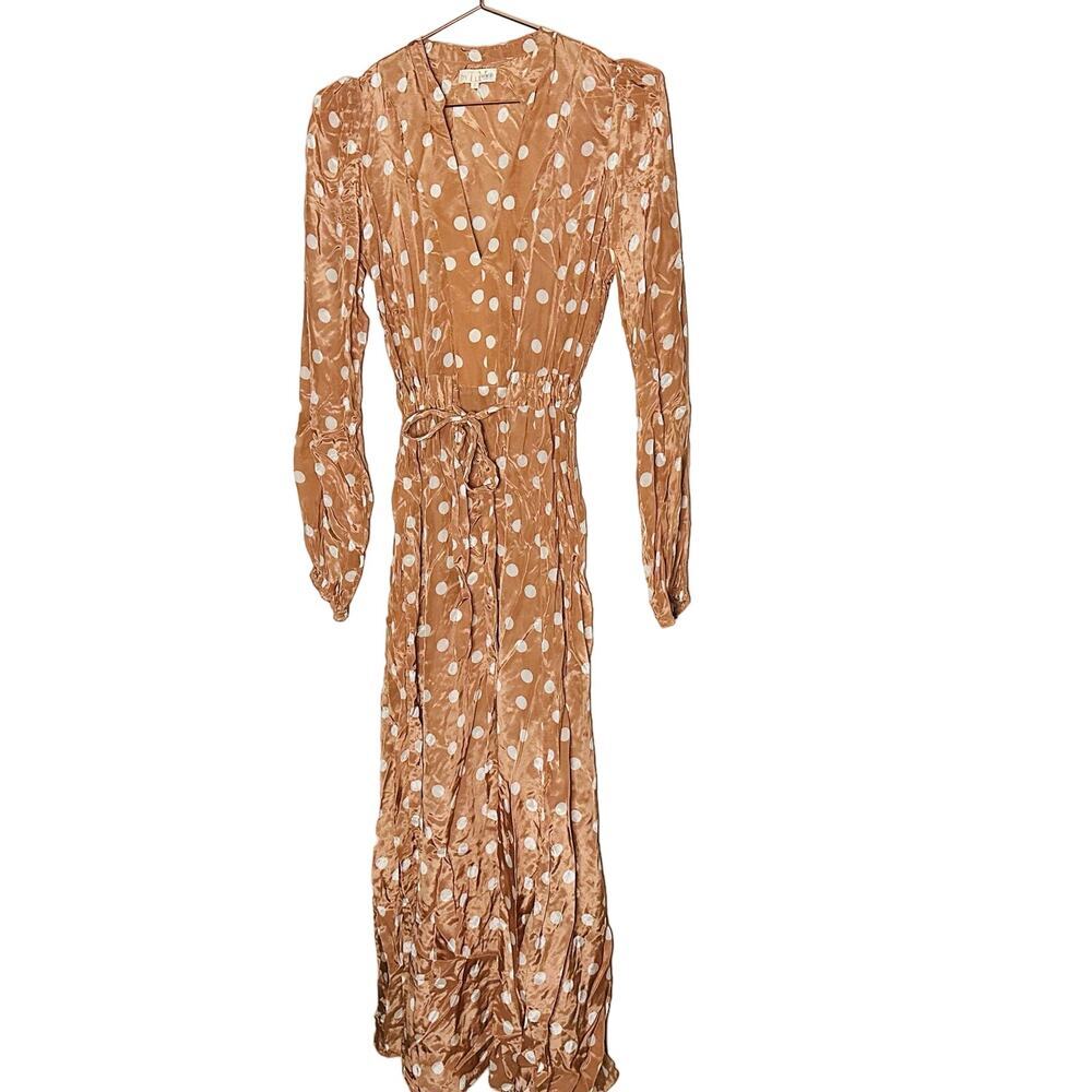 byTiMo Polka Dot Tan White Hourglass V-Neckline Long Sleeve Midi Dress Size S - Picture 4 of 13